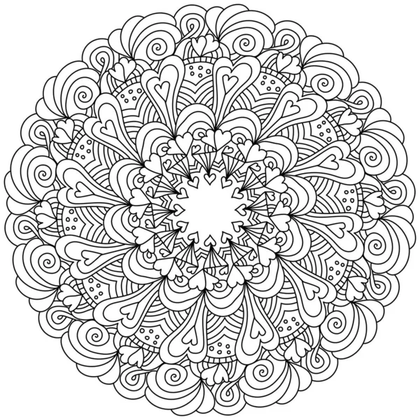 Página Para Colorear Zen Forma Mandala Simétrico Con Rayas Corazones — Archivo Imágenes Vectoriales