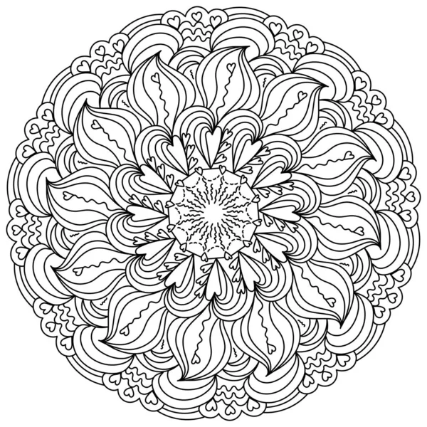 Mandala Zen Flor Con Pétalos Ondulados Decoración Corazones Página Para — Vector de stock