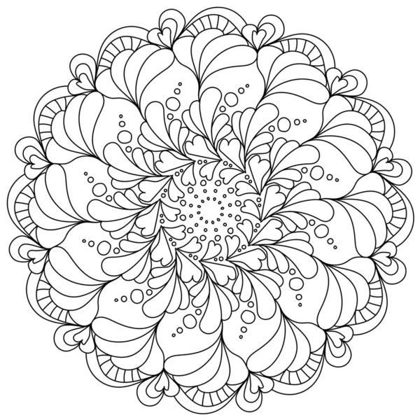 Mandala Zen Para Colorear Página Con Corazones Pétalos Adornado Antristress — Vector de stock