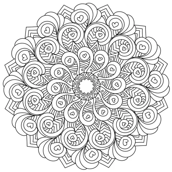 Curls Hearts Contour Mandala Stress Coloring Page Zen Patterns Vector — Stockový vektor