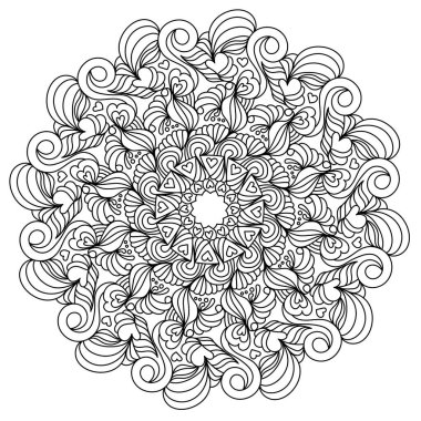 Girdap ve kalpli simetrik anti-stres mandala, süslü zen renk sayfası illüstrasyon