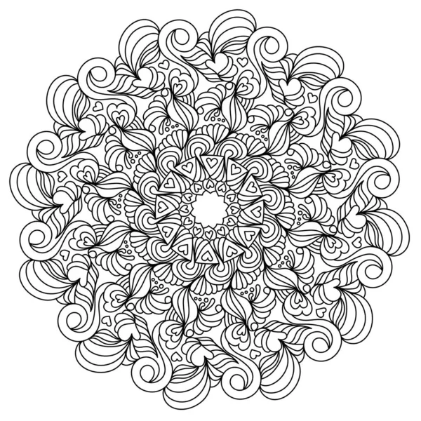 Symmetrisches Stress Mandala Mit Wirbeln Und Herzen Kunstvolle Zen Ausmalbilder — Stockvektor