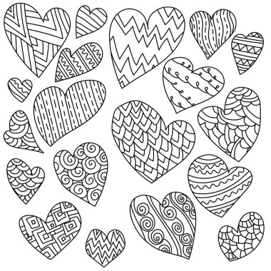 Zen desenli karalamalar seti, değişik şekil ve boyutlardaki sevgililer günü kartı sayfa çizimi