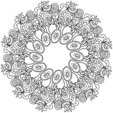 Kivi meyveleri ve yapraklarıyla yuvarlak hatlı mandala, kıvrımlı ve desenli vektör çizimleri olan yuvarlak bir çerçeve şeklinde sağlıklı meyveler.