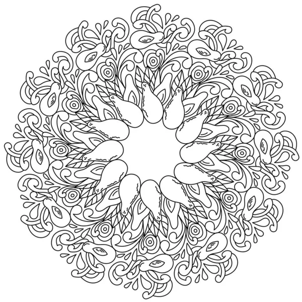 Mandala Com Abacate Inteiro Meio Com Folhas Página Coloração Forma — Vetor de Stock