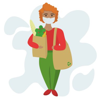 Koruyucu maskeli bir kız alışveriş yapıyor, market alışverişini güvenli bir şekilde yapıyor, gıda ve mallar için eko poşeti alıyor, bir mağaza illüstrasyonunu ziyaret ederken sağlığıyla ilgileniyor.
