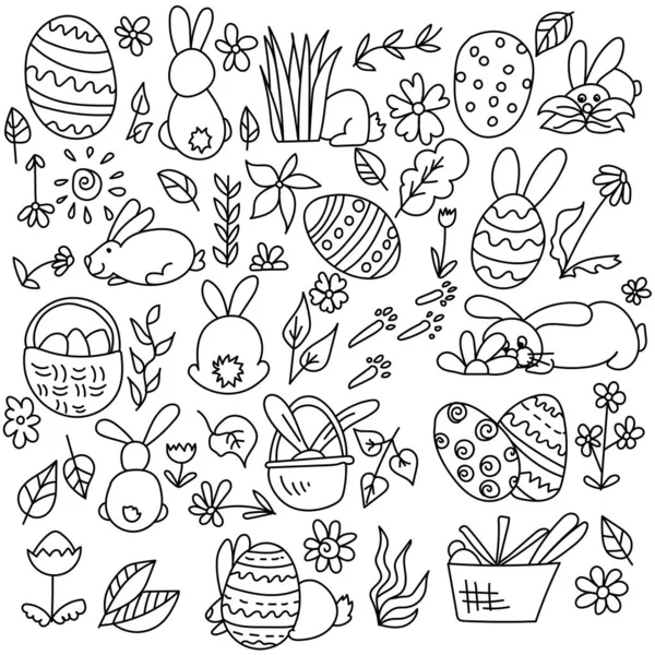 Set Easter Doodles Bunnies Attributes Easter Eggs Baskets Flowers Leaves — Stock vektor