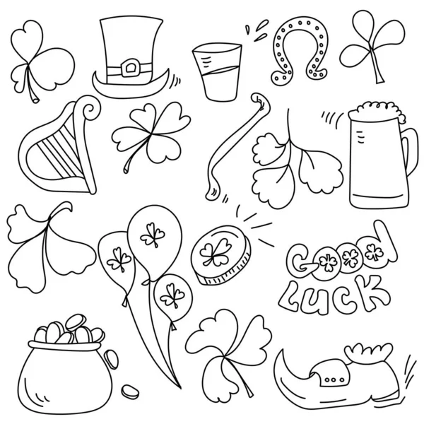 Patrick Day Contour Doodles Set Symbols Wealth Good Luck Vector — Διανυσματικό Αρχείο