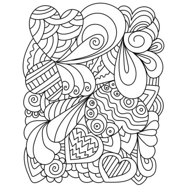 Kalp ve dekoratif desenli stres önleyici renk sayfası, Sevgililer Günü vektör çizimi için taslak çizimi