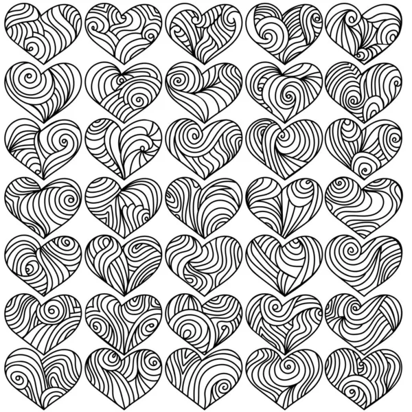 Conjunto Corazones Con Patrones Espiral Olas Que Fluyen Giros Contorno — Archivo Imágenes Vectoriales