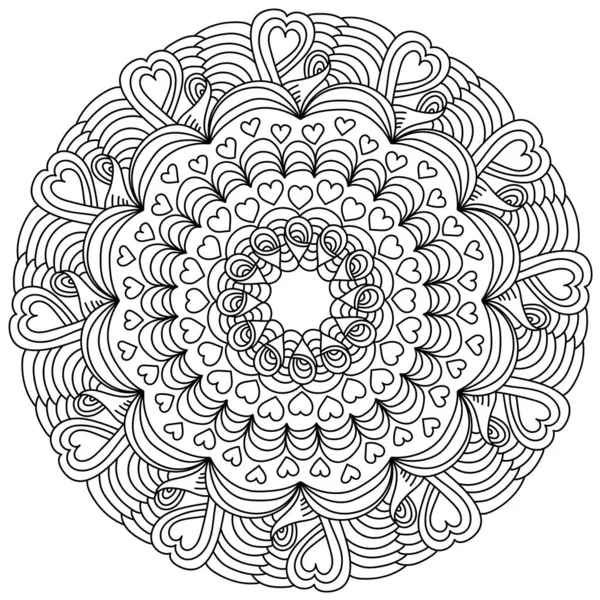 Symmetrisches Mandala Mit Herzen Und Locken Stress Malseite Mit Kunstvollen — Stockvektor
