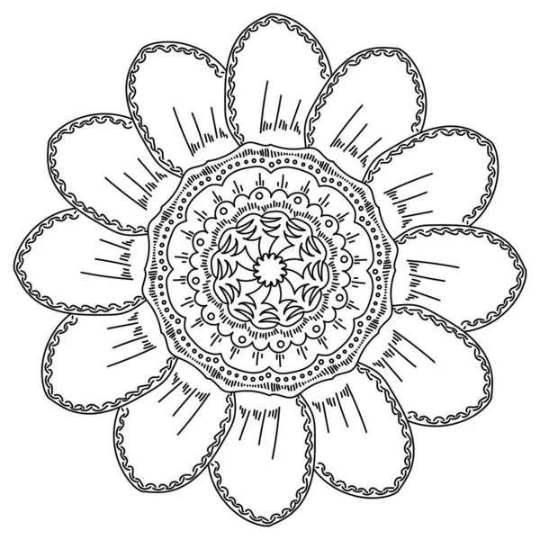 Mandala Fleur Avec Pétales Arrondis Noyau Stratifié Coloriage Stress Pour — Image vectorielle