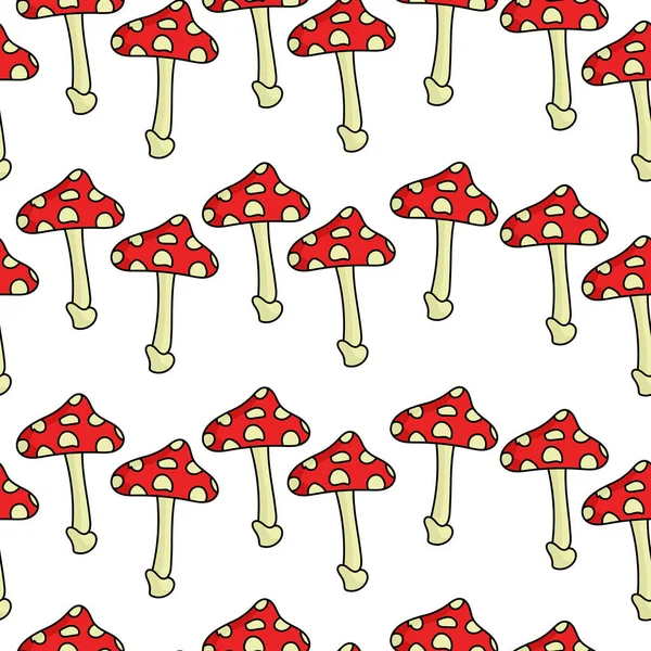 Setas Amanita Hileras Horizontales Patrón Sin Costuras Hongos Manchados Con — Archivo Imágenes Vectoriales