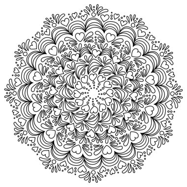 Kalp ve damlalar şeklinde desenleri olan mandala, Sevgililer Günü illüstrasyonu için stres önleyici renk sayfası