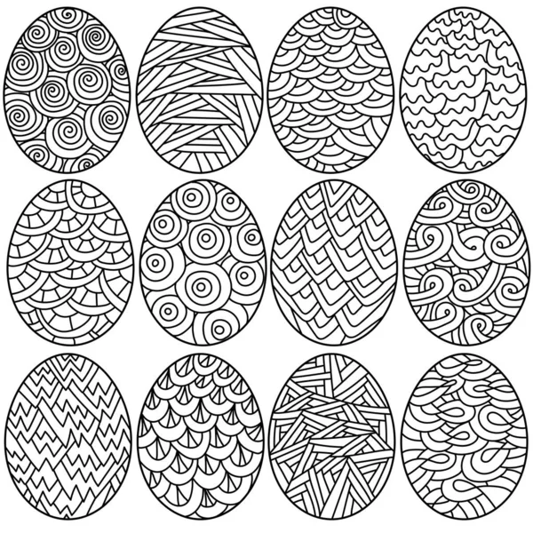 Sada Velikonočních Vajec Ozdobnými Vzory Zenové Zbarvení Stránky Slavnostními Atributy — Stockový vektor