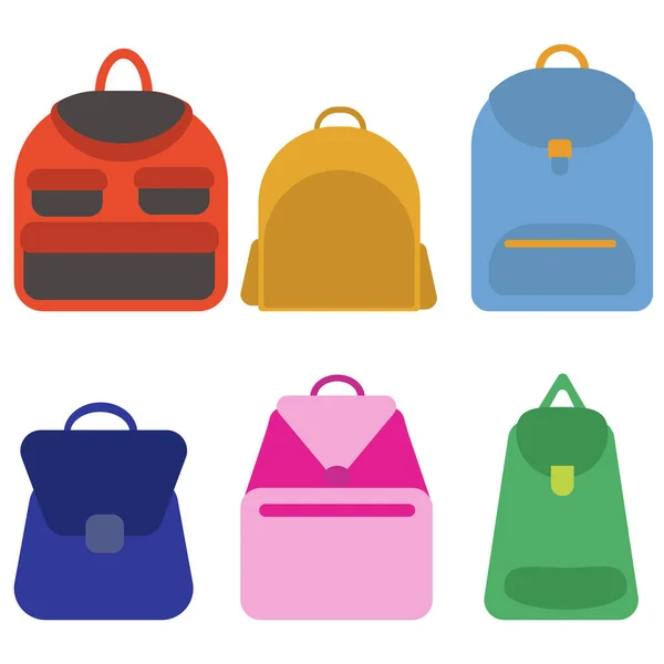 Mochilas Escolares Estilo Plano Conjunto Sacos Coloridos Com Bolsos Diferentes — Vetor de Stock