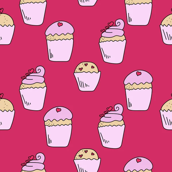 Cupcakes Χωρίς Ραφή Μοτίβο Καρδιές Διακόσμηση Και Απαλή Ροζ Κρέμα — Διανυσματικό Αρχείο