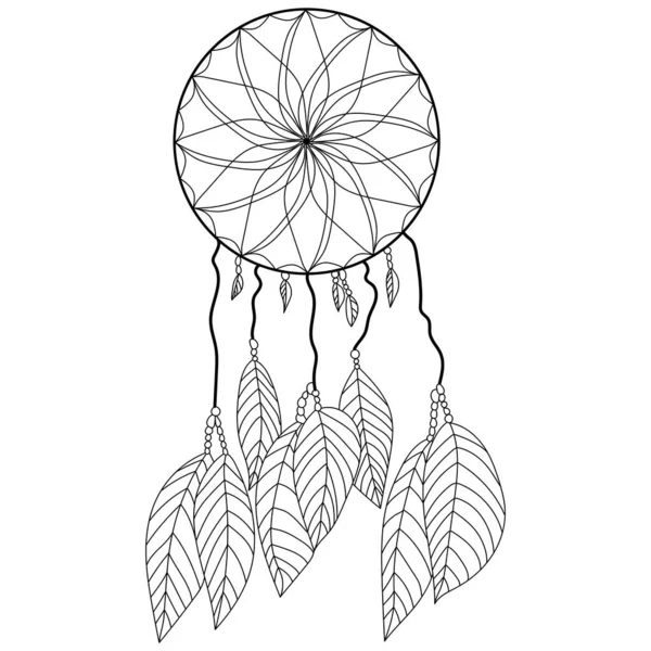 Livre Colorier Dreamcatcher Plumes Contour Plexus Aérien Sur Une Illustration — Image vectorielle