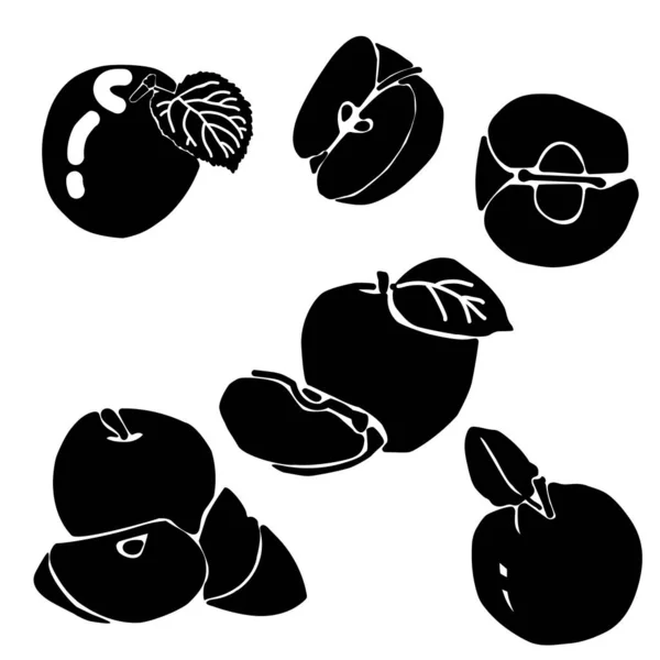 Conjunto Siluetas Manzanas Frutas Enteras Mitades Ilustración Vectorial — Archivo Imágenes Vectoriales