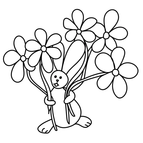 Hase Mit Blumenstrauß Malseite Für Klassen Oder Osterkarten Vektor Illustration — Stockvektor