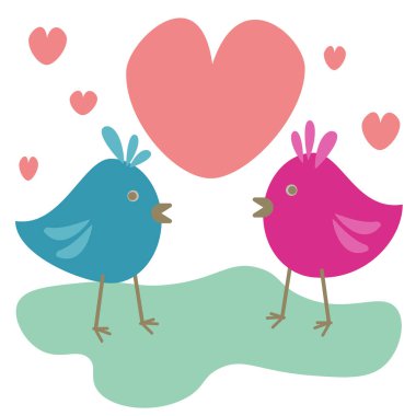 Birbirine aşık şirin kuşlar, birbirine karşı iki kuş ve etrafta kalpler, Sevgililer Günü illüstrasyonu için bir kart ya da tasarım için