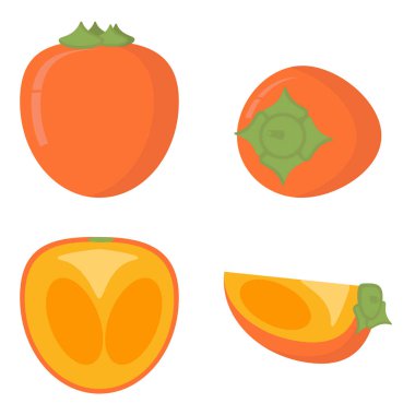 Hurma, tüm meyve seti, yarısı ve bir dilim tatlı portakallı meyve çizimi.