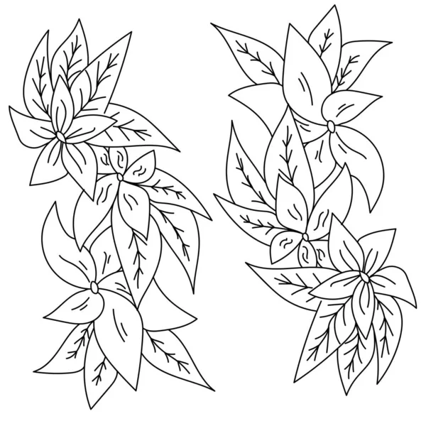 Zarter Blütenzweig Mit Breiten Blütenblättern Und Verzierten Blättern Malseite Oder — Stockvektor