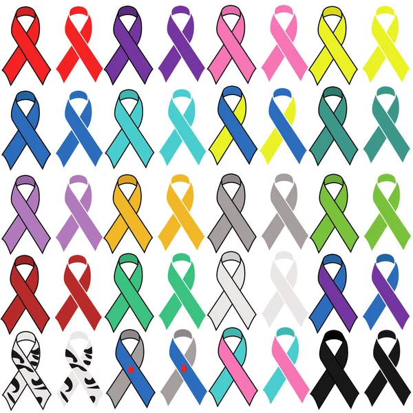 Set Awareness Ribbons Different Colors Symbolic Ribbons Various Diseases Health — Stock Vector