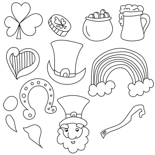 聖パトリックの日属性のドドルセット 幸運のシンボルを持つアウトライン図面 単純な要素からの着色ページベクトルイラスト — ストックベクタ