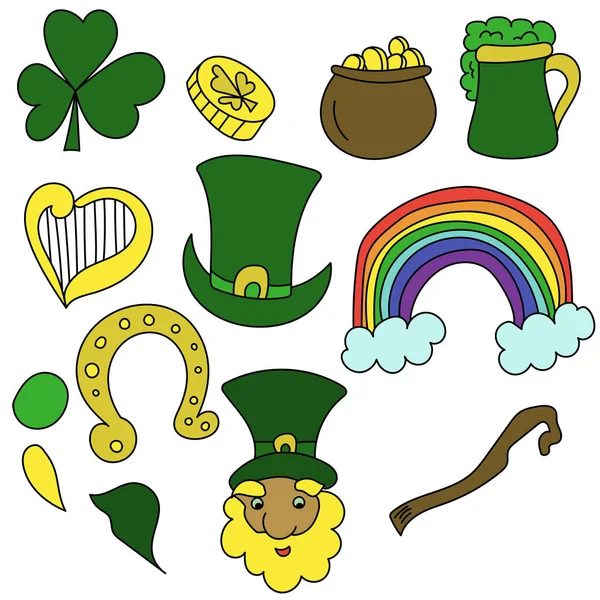 Patrick Day Attributes Doodles Set Green Drawings Symbols Good Luck — Stock Vector