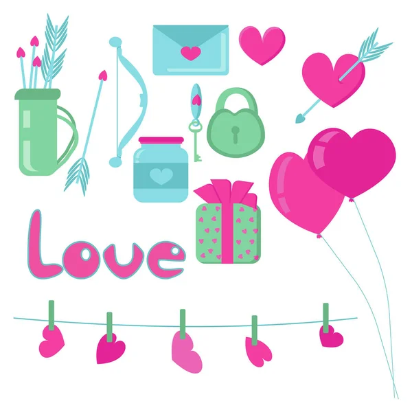 Atributos Del Día San Valentín Doodle Amor Clipart Para Decoración — Vector de stock