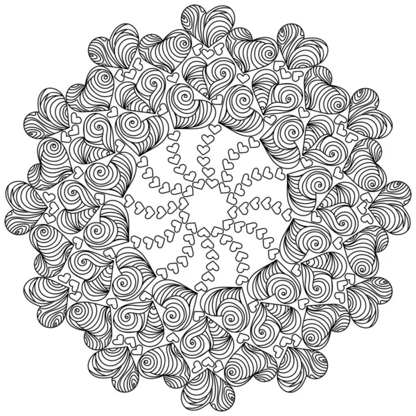 Mandala Zen Simétrico Con Corazones Rizados Página Para Colorear Estrés — Vector de stock