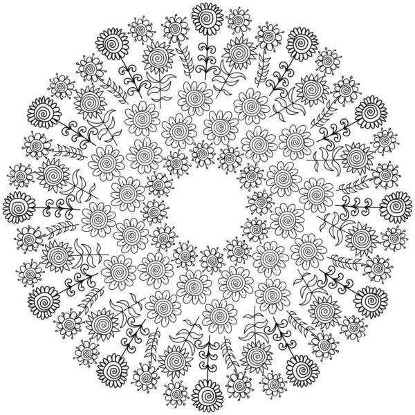 Gekritzelte Blüten Mandala Form Spiralförmige Blütenkerne Mit Häufigen Blütenblättern Stress — Stockvektor