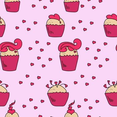 Keklerin kusursuz deseni zengin pembe renkte, yumuşak bir arka planda kalp ve dekor, aşk hakkında pembe tatlılar ve kutlama illüstrasyonları.