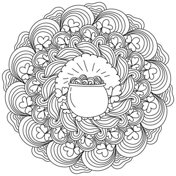 Falista Mandala Garnkiem Monet Środku Liści Koniczyny Antystresowe Kolorowanki Świętego — Wektor stockowy