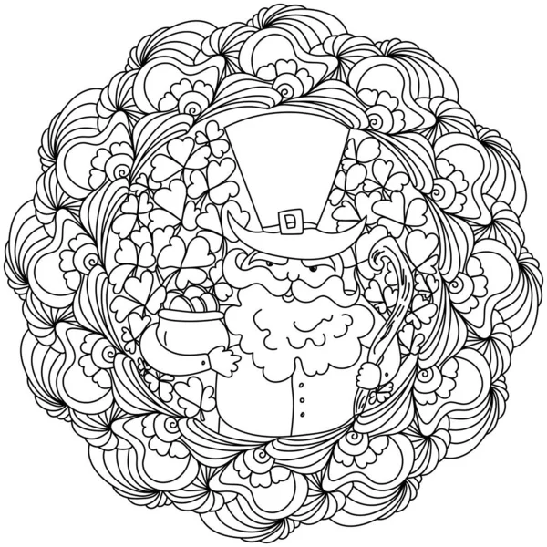 Mandala Con Pagina Colorare Leprecauno Con Modelli Trifoglio Illustrazione Vettoriale — Vettoriale Stock