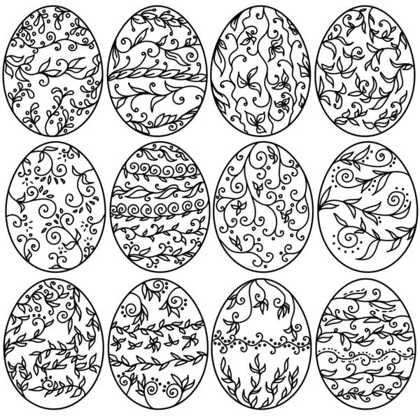Conjunto Huevos Pascua Con Patrones Plantas Página Para Colorear Contorno — Archivo Imágenes Vectoriales