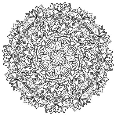Paskalya için Contour dekoratif mandala, kıvırcık ve tavşan vektör resimleriyle renklendirme sayfası