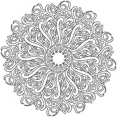Karışık bukleleri ve farklı boyutlarda daireleri olan Contour mandala, zen rengi sayfa illüstrasyonunda süslü döngüler
