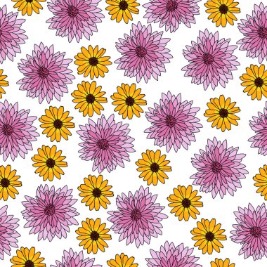 Pembe ve turuncu çiçeklerin pürüzsüz deseni ve küçük taç yaprakları. Tasarım ve yaratıcılık için beyaz arka planda çiçek açar.