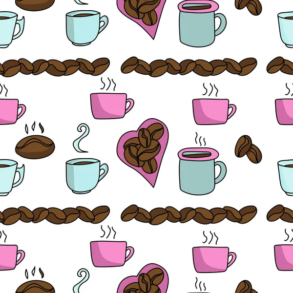 Doodle Café Patron Sans Couture Grains Café Tasses Avec Boisson — Image vectorielle