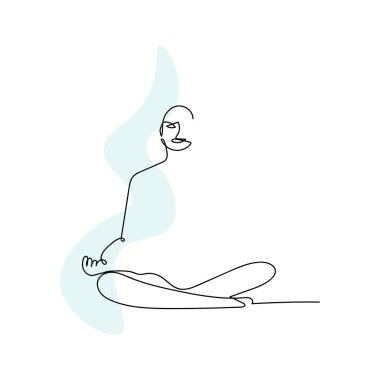 Meditasyon yapan bir adamın çizgi sanat figürü, tasarım ve yaratıcılık için uzanan yumuşak mavi bir noktanın arka planına karşı doğrusal çizim.