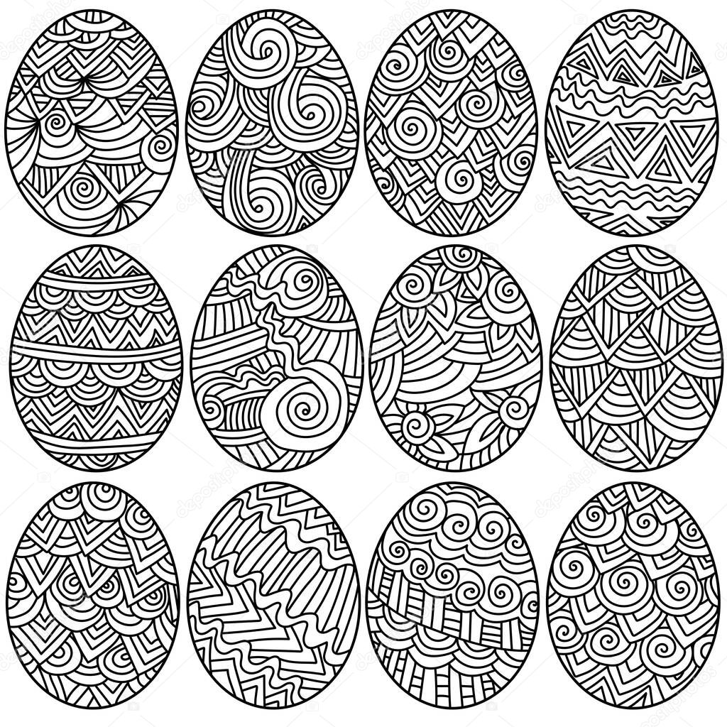 Set of Easter eggs with patterns, coloring page from traditional holiday attributes vector illustration