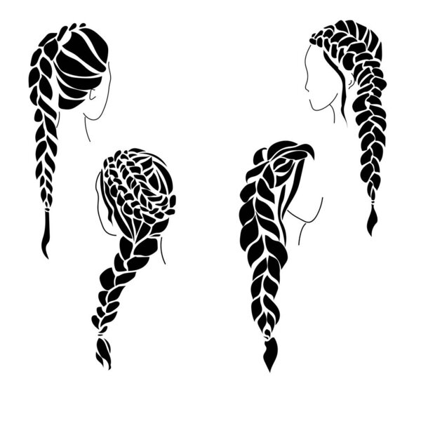 Set of silhouettes of women's hairstyles with braiding, voluminous braids on long hair vector illustration