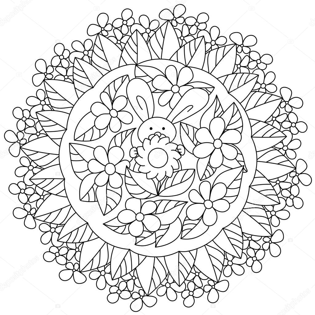 Flower mandala with Easter bunny in the center, floral and fantasy motifs in a round coloring page vector illustration
