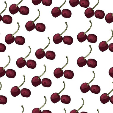 Koyu kırmızı kirazlı pürüzsüz desen, beyaz arka plan çiziminde sulu meyveler.