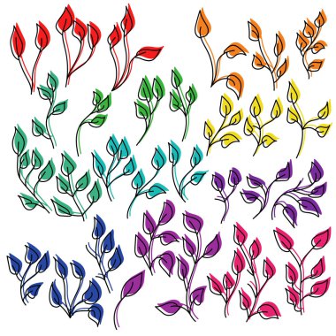 Davetiye veya tebrik kartı çizimi için farklı renkte karalama dalları ve yaprakları kümesi