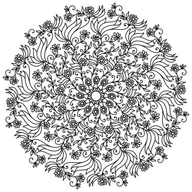 Dekoratif çiçek karalama mandala küçük çiçek yaprakları ve bukleli yapraklar, bitki motifleri vektör illüstrasyonundan zen renk sayfası
