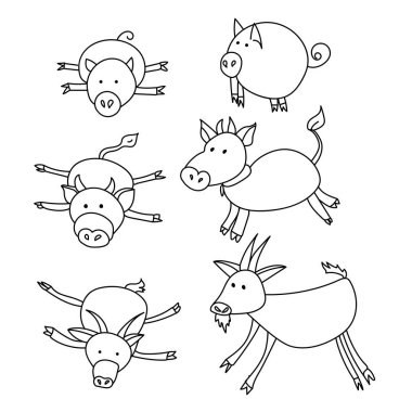 Domestic hoofed animals in doodle style, goat calf and pig lying and standing vector illustration