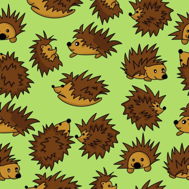 Çeşitli pozlardaki şirin kirpilerin kusursuz desenleri yeşil arka plan vektör çiziminde komik sivri uçlu hayvanlar.